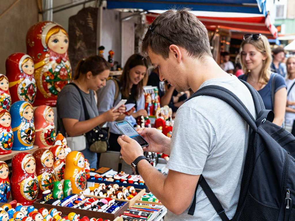 Turista usando https://payinrussia.com/ para pagar en mercado local de Rusia, rodeado de coloridas mercancías y QR.